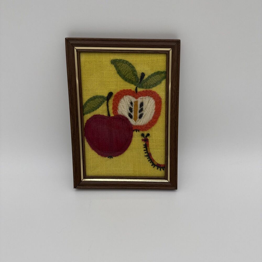 Vtg Handmade Crewel Embroidered Apple Wall Art Framed Cottage Retro Whimsy